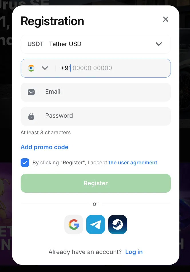 Casino registration form for Tower Crash