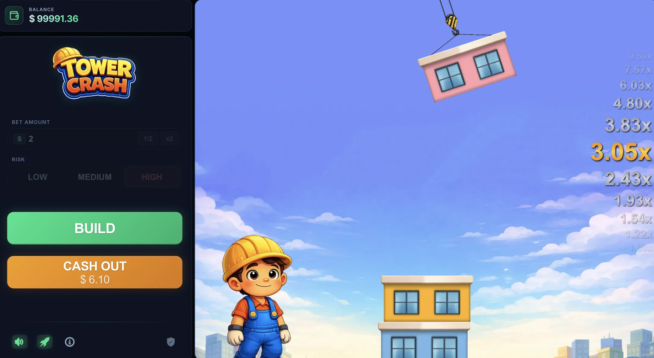 Tower Crash gameplay showing multiplier at 3x during active building