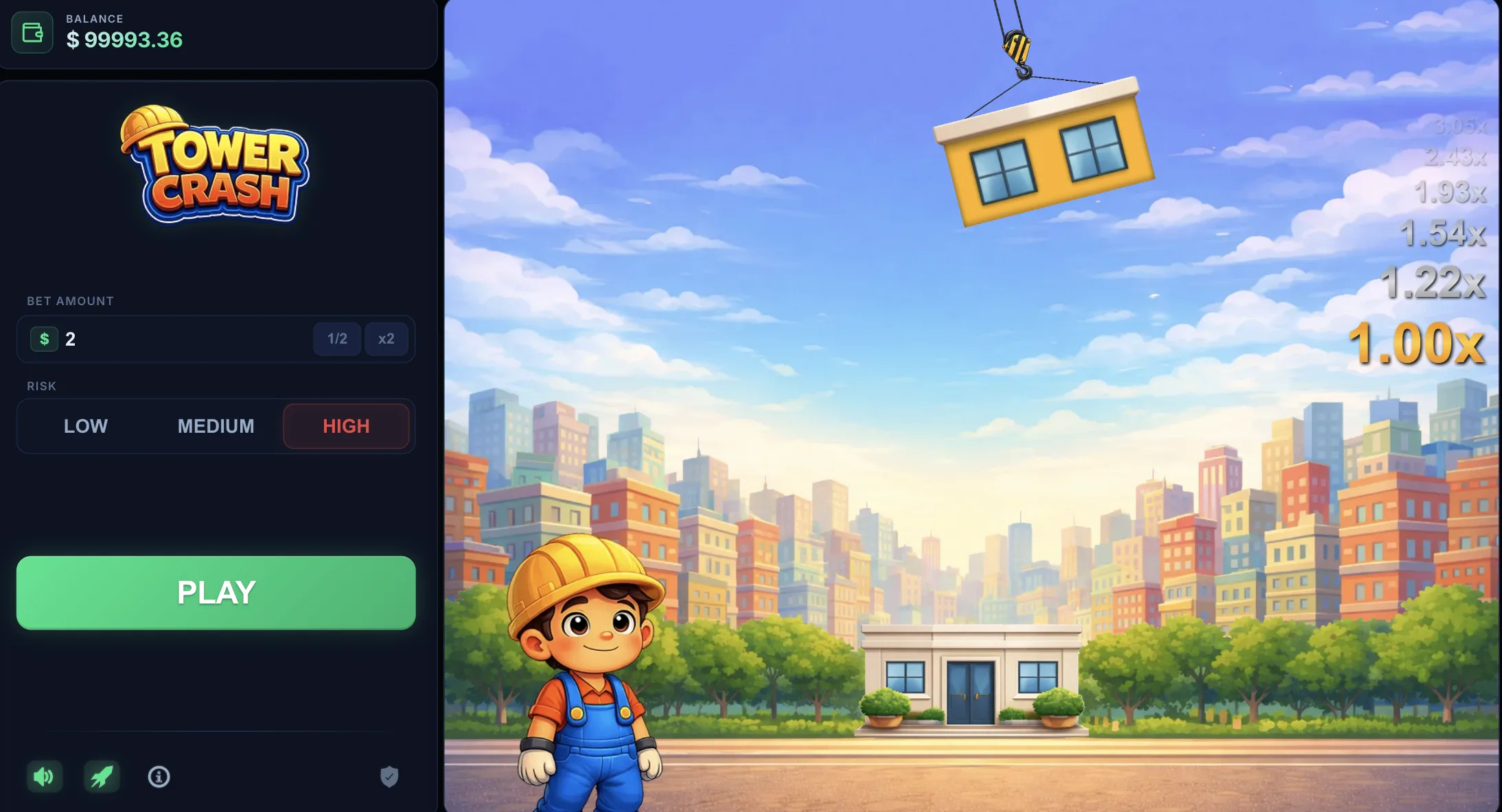 Tower Crash game gameplay — risk level selector and floor stacking