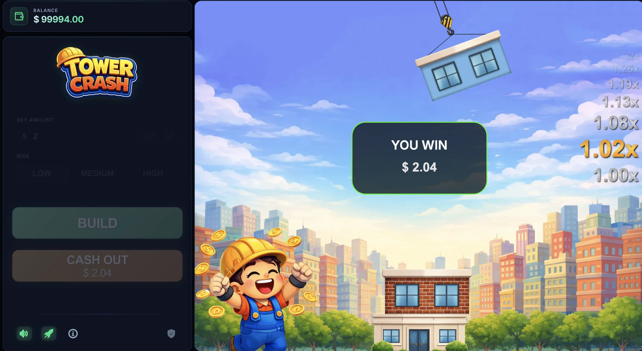 Tower Crash win screen — YOU WIN after successful cash out